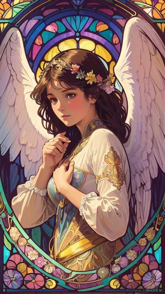 (Highest quality:1.2,Vector art:1.1,Vibrant colors,Stained glass,Beautiful vintage angel woman,Looking Ahead,A look of determination,(Wide open angel wings:1.1),Facing the Observer,Alphonse Mucha style,Complex floral background,Vibrant colors,Warm Tones,Soft lighting)