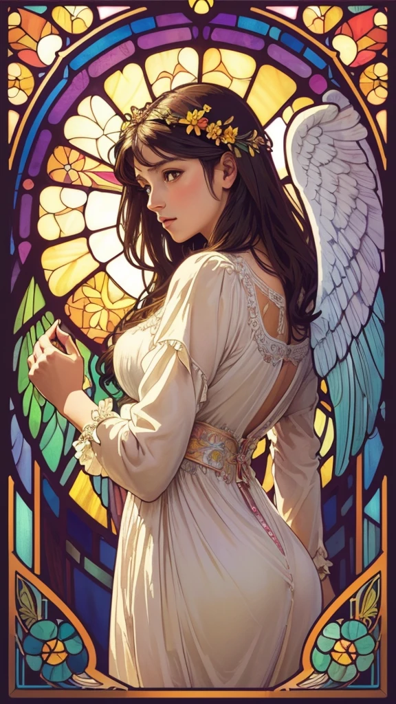 (Highest quality:1.2,Vector art:1.1,Vibrant colors,Stained glass,Beautiful vintage angel woman,Looking Ahead,A look of determination,(Wide open angel wings:1.1),Facing the Observer,Alphonse Mucha style,Complex floral background,Vibrant colors,Warm Tones,Soft lighting)