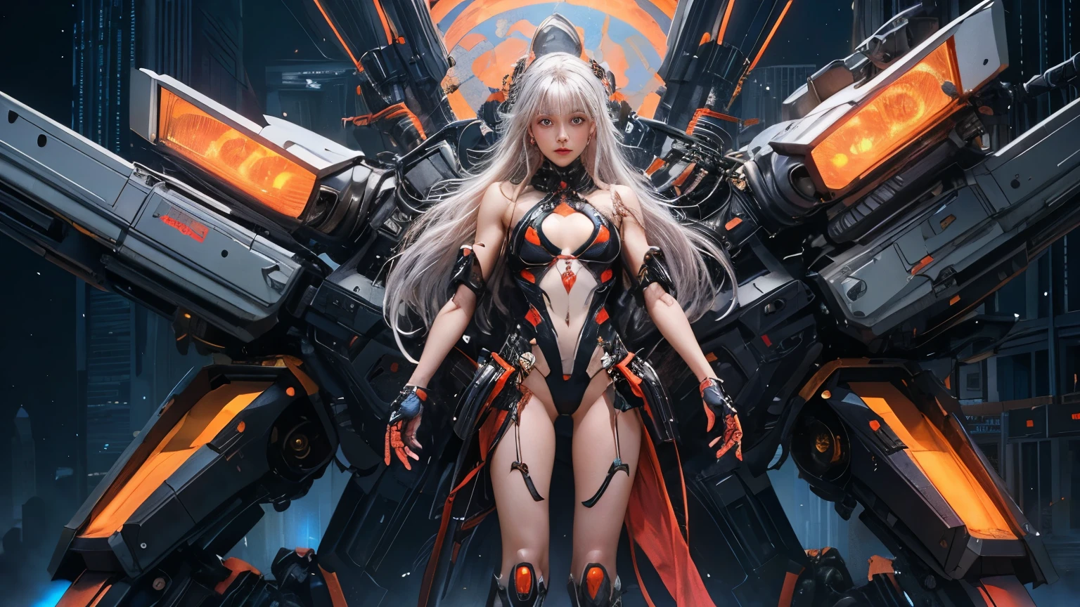 white hair、Silver hair with pink gradients、long fluttering hair、strong breeze、Orange Eyes、radiant eyes、Evangelion Girl、small tit、Breasts are small and B size、The face and chest are alive、Cleavage is visible。photoRealstic、portfolio、Evangelion-style metal mecha suit、an oppai cyberpunk、Gothloli detailetalic、detailed mechanical components、Bundle of thin tubeetal cylinder、Detailed neon、Fine LED、Top quality microcomponents、Delicate orange and black suit wrapped in machine、A large mechanical weapon protecting her in the background、Hair that flutters in the wind、full body