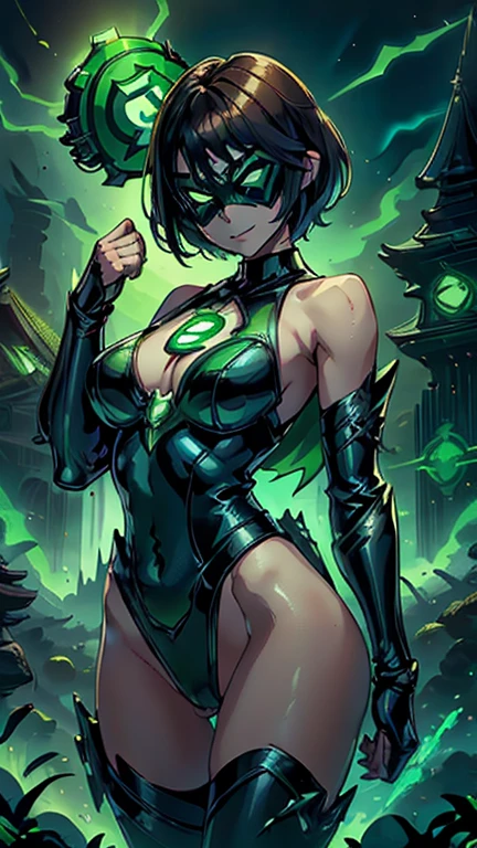 best quality,masterpiece,1girl,solo,(((13years old))),japanese girl,an extremely cute and beautiful girl,highly detailed beautiful face and eyes,petit,cute face,lovely face,baby face,shy smile,show teeth,brown hair,medium short hair,flat chest,skinny,slender,no bra,no Panties, Hairless vagina,(((wearing a  revealing Green Lantern costume,green superhero domino mask))),(((standing in Dark midnight Fantasy style Gotham Castle))),she is looking at the viewer,