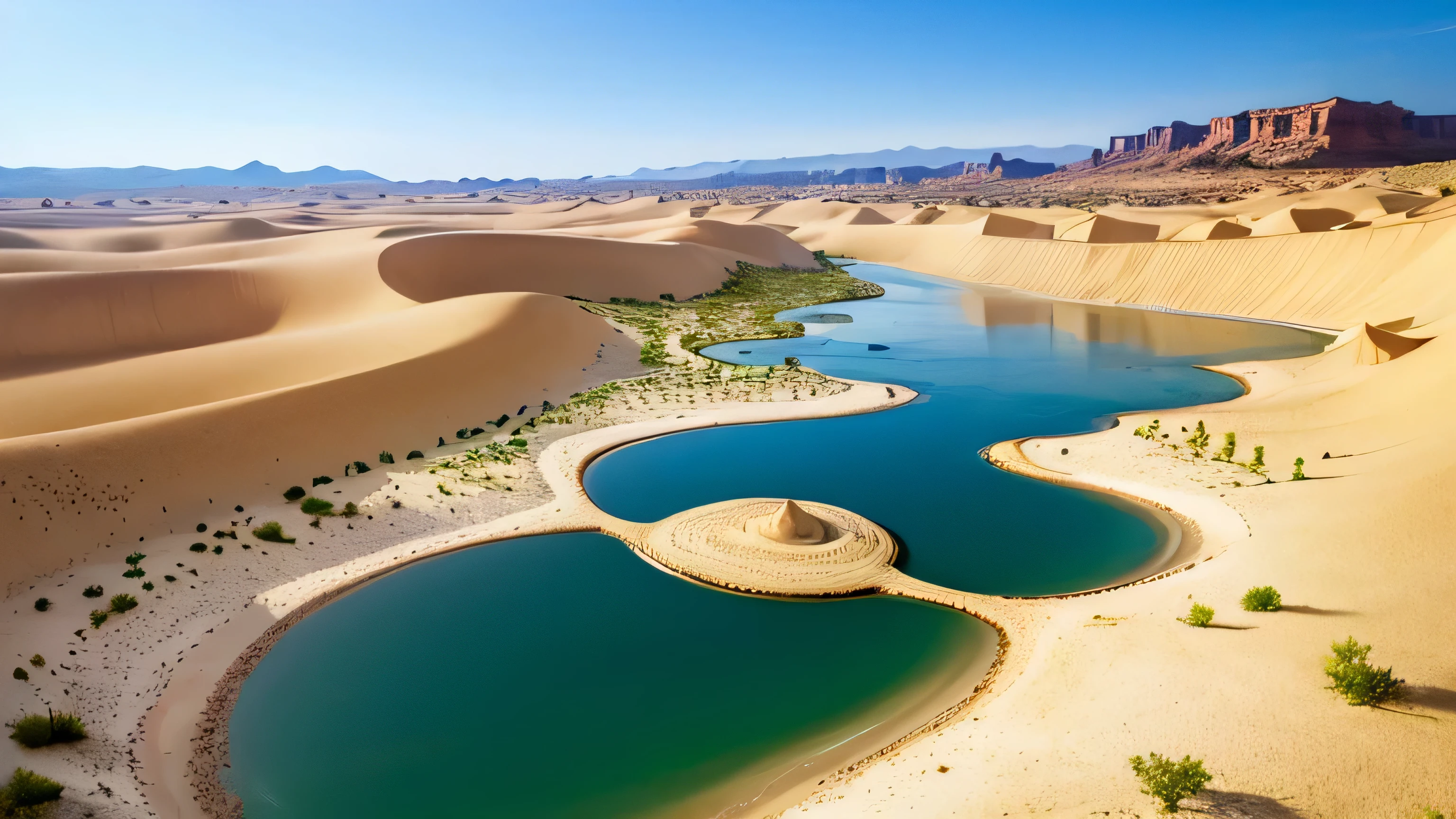 Create an image that illustrates the unique allure and contrast between the harsh desert and a lush oasis. Picture a vast, arid desert with rolling sand dunes under a blazing sun, the landscape defined by its dry, golden sands and sparse vegetation. In stark contrast, depict a vibrant oasis nestled within this desert, teeming with life. This oasis should feature lush greenery, a sparkling blue water pond, and an array of colorful flowers and plants. Palm trees and other verdant foliage should provide shade and a sense of tranquility. The scene should capture the stark difference between the barren desert and the thriving oasis, emphasizing the beauty and rarity of life flourishing in such an inhospitable environment.