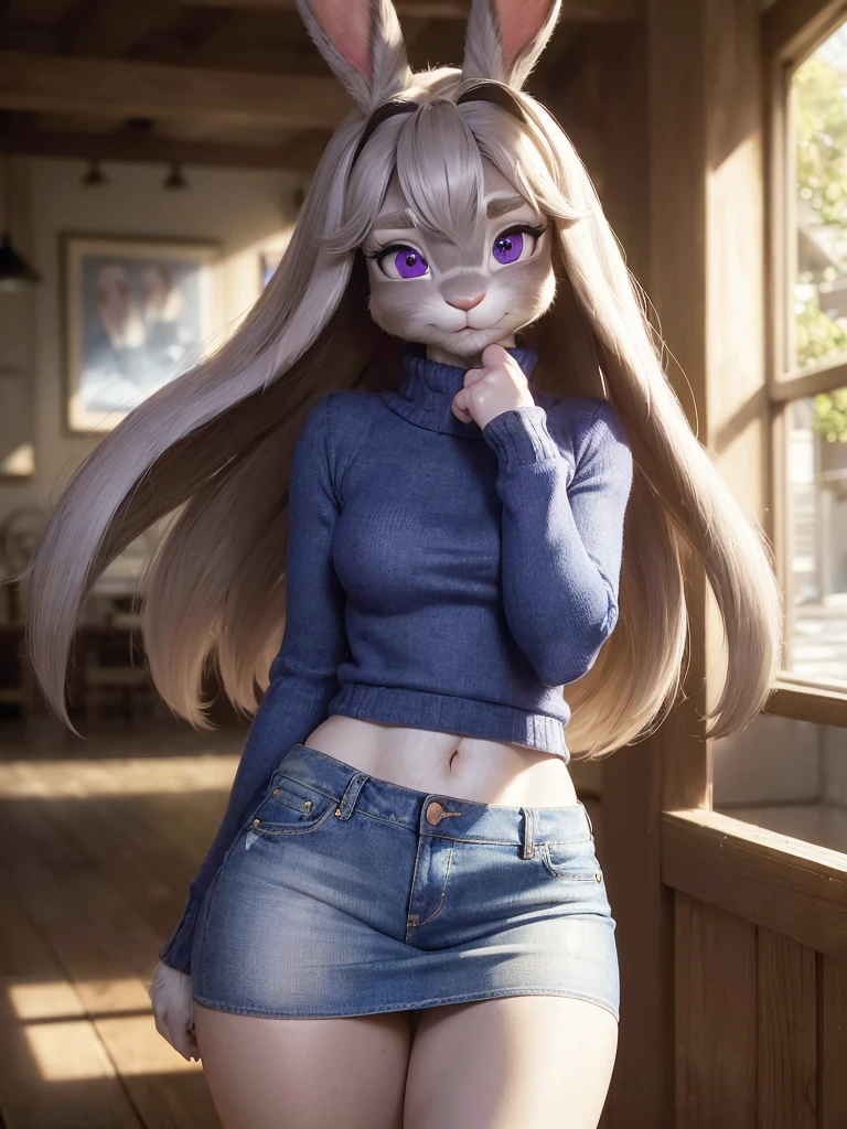 best quality,
masterpiece,
hyper Realistic,
ultra-detailed,
beautiful detailed,
4K,8K,High level,
PIXAR,
Photo real,
medium shot,
Looking at the audience upside,
(background in shopping center),
Realistic lighting,
((anthropomorphic rabbit)),
detailed animals,
Complex patterns,
(furry:1.35),
(Whole skin is gray:1.35),
(body is fluffy and bushy:1.35),
Realistic fur,
((human hands)),
(Face is JudyHopps:1.35),
((medium straight hair)),
dark brown heir,
((sidepart bangs)), bangs,
purple eyes,
{highlight on eyes, crisp eyes, sparkle in the eyes, round big pupils},
detailed iris,
(rised eyebrows:1.2),
(Crescent Brows:1.3),
(rabbit ears:1.1),
Smile,
Big Smile,
Innocent smile,
raised corners of mouth,
the lady is wearing knit sweater, and denim skirt,
((blue knit sweater)) BREAK ((denim skirt)),
clothes made of wool,
(solo:1.5),
(1 lady:1.5),
one character only
alone,
Perfect Anatomy,
lighting forward,
lighting front,
ambient light,
natural light,
daylight white,
intricate details,
ray tracing,
photorealistic,