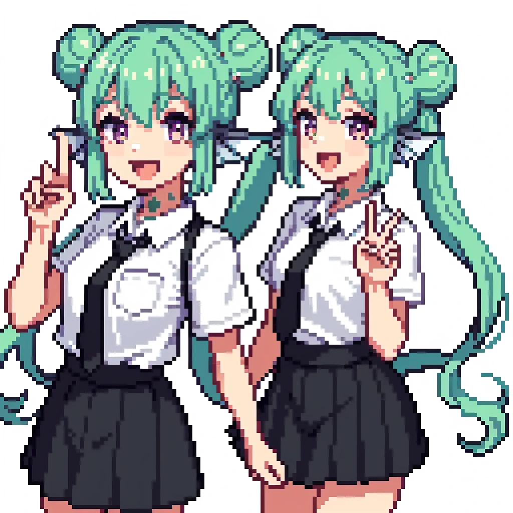 1girl,20 years old,solo,long hair,white hair,finana,twintails,double bun,((white shirt,short sleeves,black standart tie,black skirt)),smile,open mouth,peace_sign