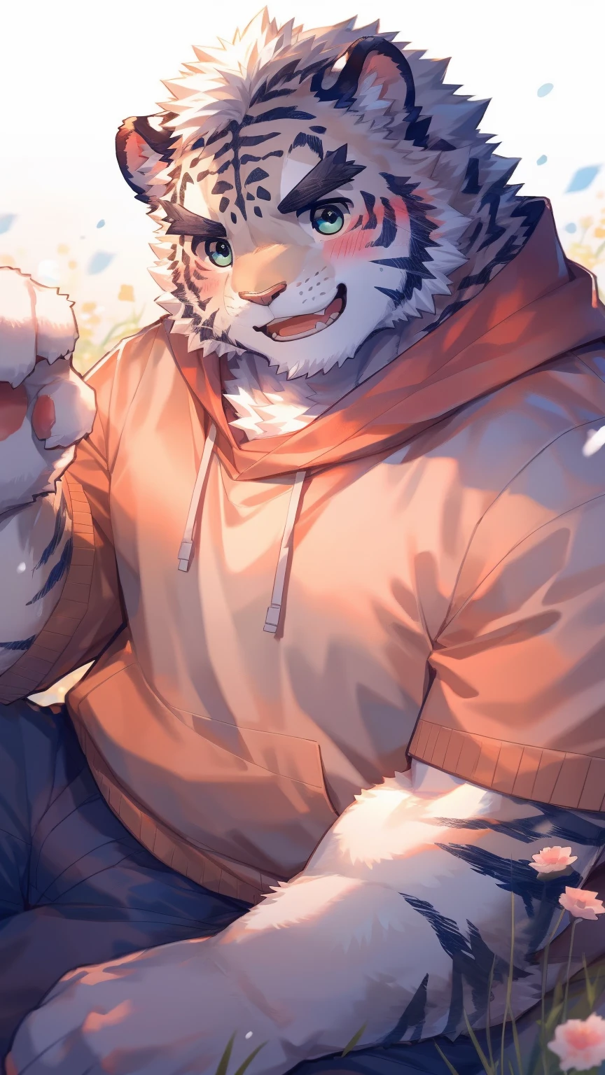 (Imagine:1.5), solitary, anthropology, hairy, hairy male, tiger, ((Fluffy fur, Fluffy, hairy body)), (Snow leopard print), (thick eyebrows), youth, muscular, The skin is white and big, Blue-gray pupils, Detailed teeth, , sideways, 害羞expression, 淡淡的Smile, blush, (動態posture:1.5), clear facial features, strong, majestic, solitary, panoramic, Fog atmosphere, early morning, Tyndall light effect, (author：ghost of emptiness, From Snow Leopard 20, masterpiece, high quality, High resolution,8K)Animal species**：tiger - **color**：black and white - **expression**：Smile，blush - **decorate**：Blue and pink wreath - **posture**：lying down，Hand reaching for the camera - **Scenes**：green grassland - **detail**：草原上有各式color的小花 - **visual angle**：俯視 - tiger躺在草地上，從俯visual angle度看過去。 - tiger的頭部微微傾斜，臉上帶著Smile，There is a slight blush on the cheeks。 - One hand reaches towards the camera，Seems to be greeting the audience。 - Wearing a wreath of blue and pink flowers on her head。 - 草地上有各種color的小花，background soft tones，Bright colors。(Pink sweatshirt:)Male Male