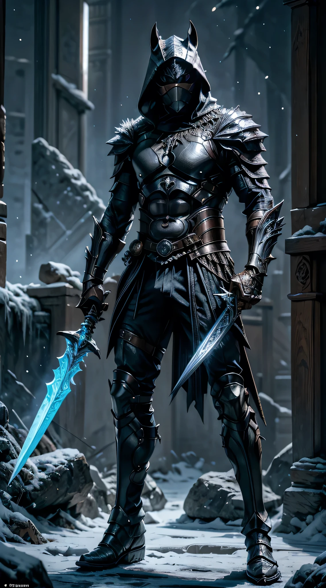 CRIAR lobisomem, armadura de adamantium que gera uma aura de raios, double-bladed sword of crystalline ice and blue fire, lutando no coliseu. Epic Realism, realistic , photo, fashion, poster, cinematicv0.2, photo
