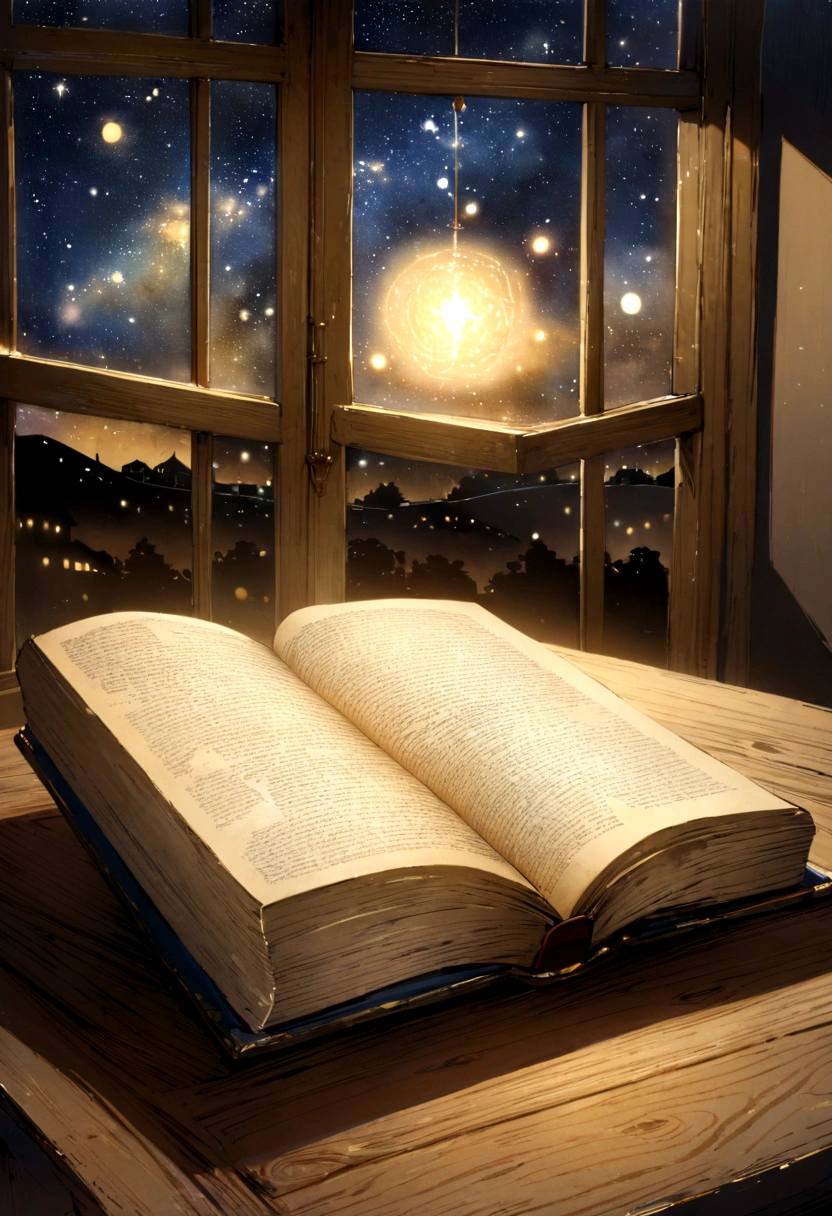 THE HOLY BIBLE, Beautiful, Page open, cover with gold details, on a wooden table, In the background, Window with starry night sky. lots of details, better quality, masterpiece, glowing