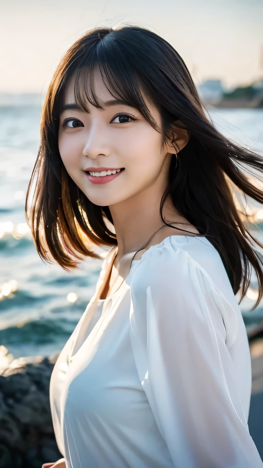 masterpiece,best quality,(Japanese ),((Beautiful girl)),cleavage,(perfect body beauty:1.2),(shy smile),beautiful teeth,(seaside),