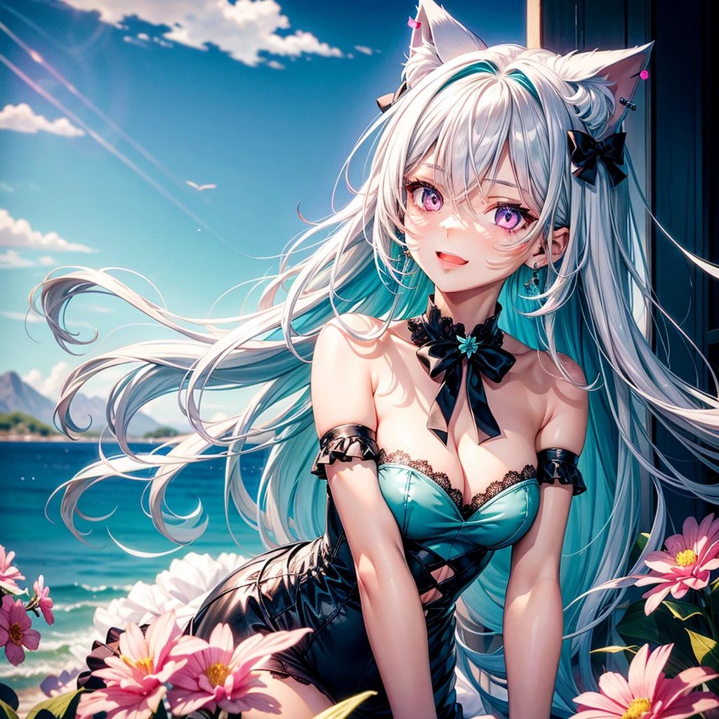 Silver hair, pink eyes, body, cat ears, sexy girl, earrings, flower sky background, teal green uniform, hair bows, breast up, happy face