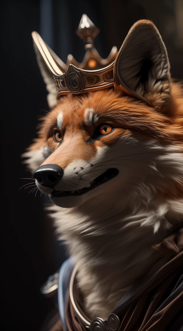 (better quality,16K,32k,highres,master piece:1.2),ultra detali,(realistic,fotorrealistic,photo-realistic:1.37),(an orange and white fox) looking at the viewer serious expression with beautiful face a realistic background bright orange eye A pose of cunning villain with crown Bright expression of brave and confident and cunning
