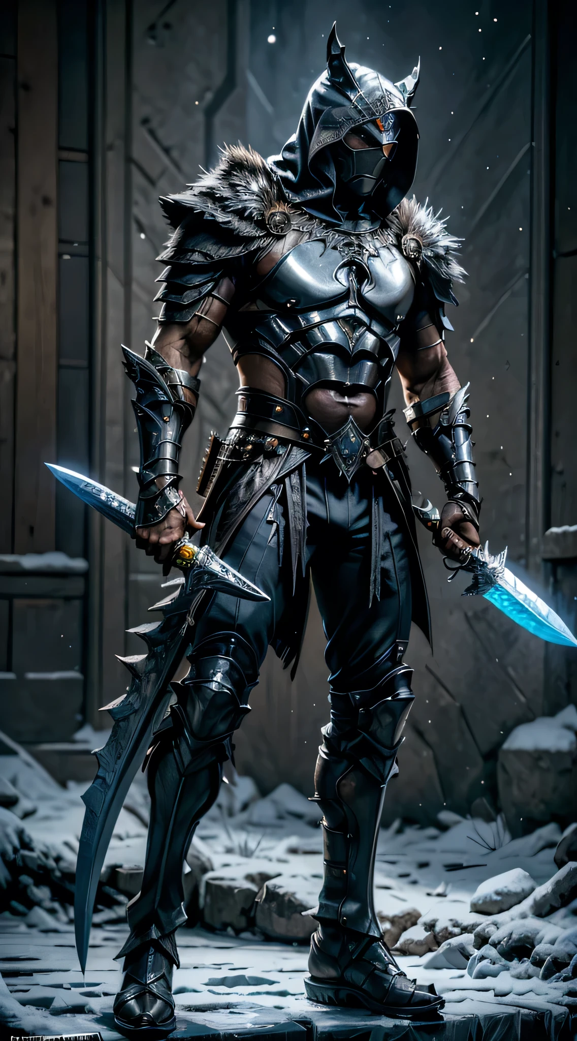 CRIAR lobisomem, armadura de adamantium que gera uma aura de raios, double-bladed sword of crystalline ice and blue fire, lutando no coliseu. Epic Realism, realistic , photo, fashion, poster, cinematicv0.2, photo