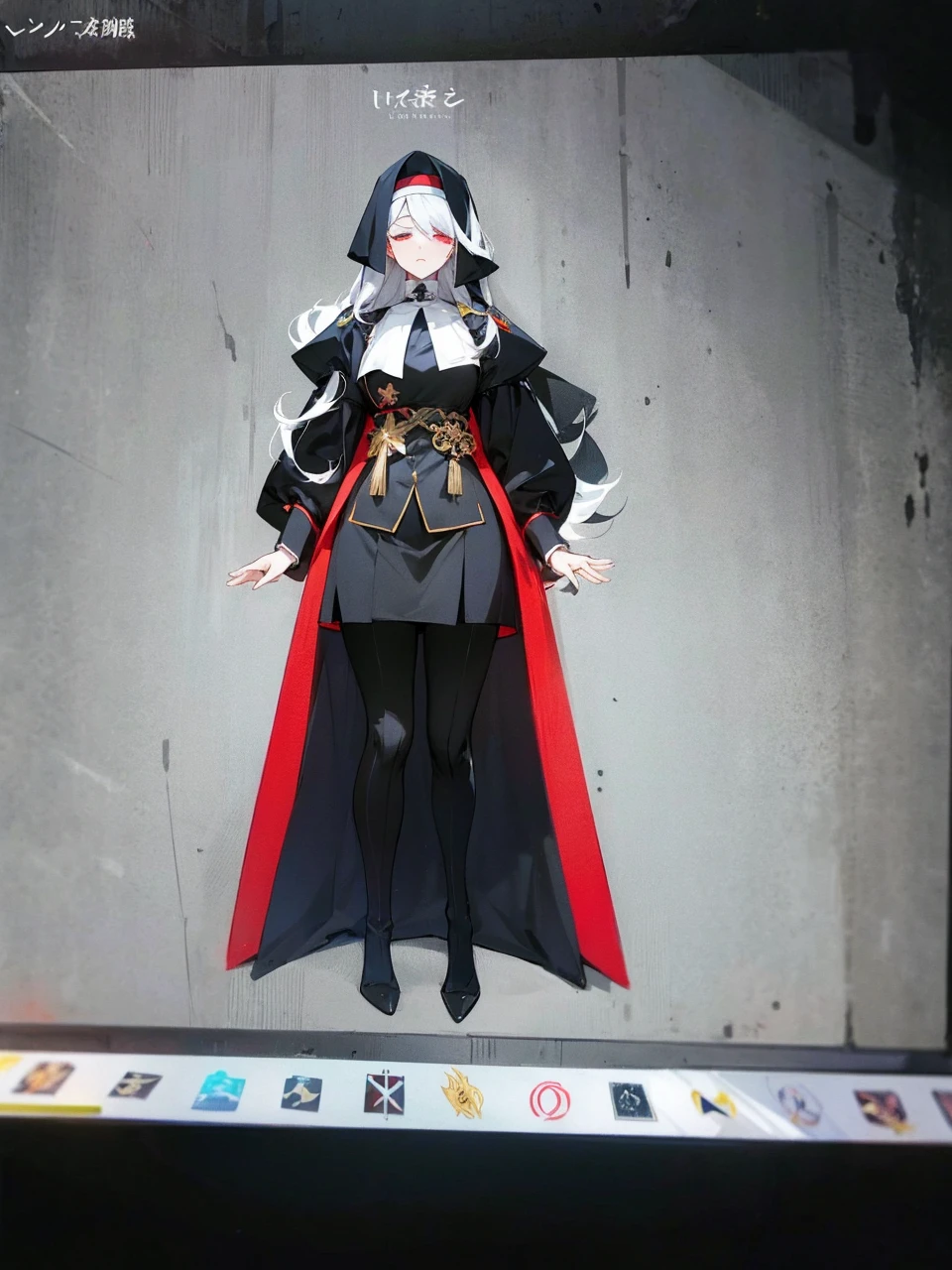 Make an anime poster, has 4 women in it, on the left side a classy dressed beauty with only the colors red and white, has an angelic presence but a demonic personality, she wears a hat on her head and a long mature gown. On the middle, a millitary general with black and white hair, and a blindfold covering her eyes. Behind her in the back, a woman faded in the background, only her eyes red Phoenix can be seen. Finally at the very right side a nun with a blindfold and a church nun fantasy black dress, holding her hands together symbolizing a prayer gesture.
