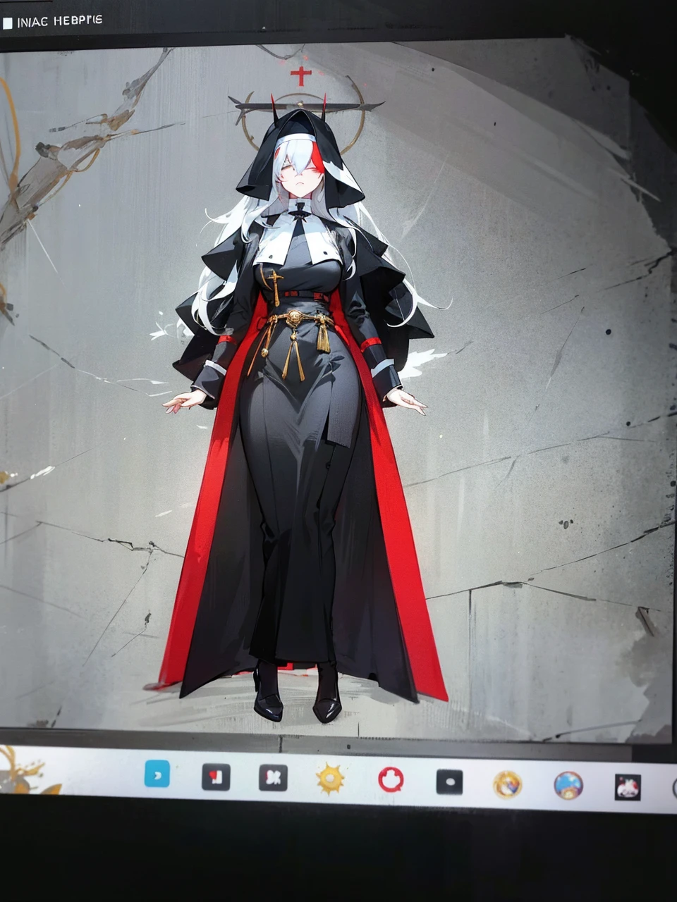 Make an anime poster, has 4 women in it, on the left side a classy dressed beauty with only the colors red and white, has an angelic presence but a demonic personality, she wears a hat on her head and a long mature gown. On the middle, a millitary general with black and white hair, and a blindfold covering her eyes. Behind her in the back, a woman faded in the background, only her eyes red Phoenix can be seen. Finally at the very right side a nun with a blindfold and a church nun fantasy black dress, holding her hands together symbolizing a prayer gesture.