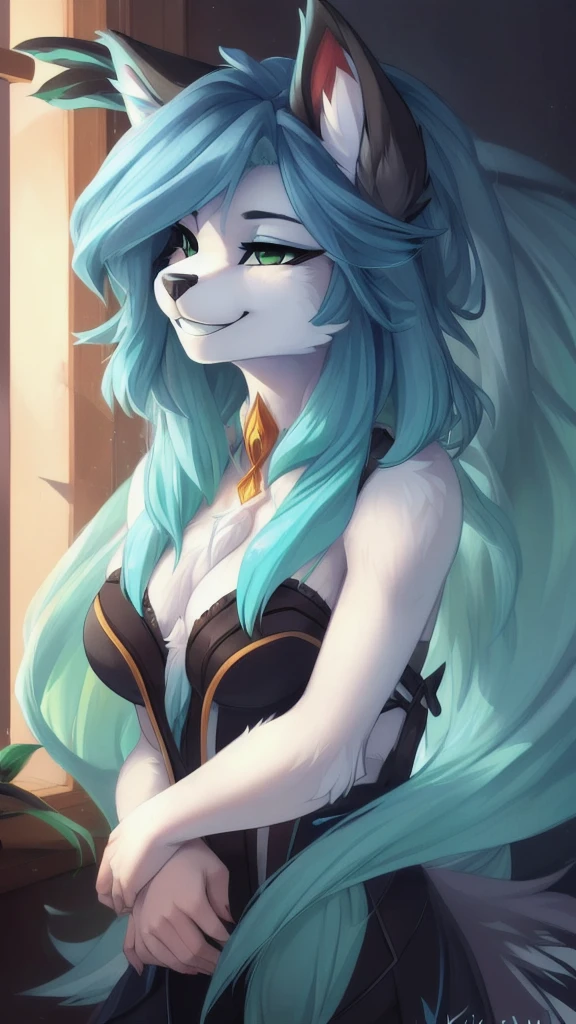A beautiful and detailed (sweet portrait) wa ((Crystal)), Sternenfuchs Crystal, sslim, lovable, green eyes, medium breasts, (((Long blue hair 1.3))), Decollete, grin, look up,, anthro, furry, Uploaded E621, detailed fluffy fur, (wa Fluff-Kevlar, Bayard Wu, personalize me, Pino Daeni), detailed face, (fluffy), 1 girl, alone,