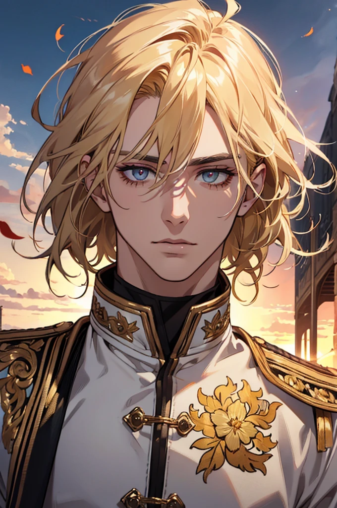 absurdres, highres, ultra detailed), 1 male, adult, handsome, tall muscular guy, broad shoulders, finely detailed eyes and detailed face, fantasy, dark theme, cinematic lighting, colorful, portrait, flying petal, Flowery meadow, cloudy sky, building, sun, light, close up, blonde hair, golden hair, golden flames, white and red uniform, short hair, sun in background