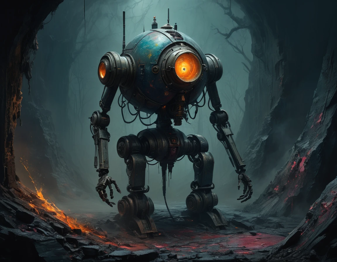 Concept art in dark fantasy style, surreal art, evil robot in the head hatch [Tiplopoda (Diplopoda)
Source: https://naturewiki.info/bespozvonochnye/mnogonozhki], epic, cinematic, fusion reactor in the stomach, transparent elements., Oil painting, on trend, muted colors, slate tones, brush strokes, plump knife marks, sharp areas nearby with smooth areas, dark next to light, soft next to hard, explosion of colorful paint, ridges of thick paint creating shadows and thick texture, smoky grainy areas next to smooth open areas, a sense of three-dimensionality, abstraction of detail in color and shape, (( oily texture with lumps of paint)). . magnificent, heavenly, evil, cinematic, epic, majestic, magical, fantasy photos, covers, gritty and realistic