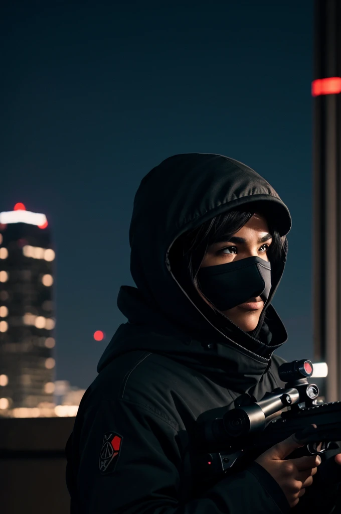 bottom: An out of focus urban skyline, with city lights glimmering at night.
central figure: girl dressed in black, with hood and cap, face mask, in a sniper position on a roof, with a rifle with a telescopic sight. His face is partially visible, showing a concentrated and determined expression.
Telescopic sight effect: An overlay of the scope centered on the target, perhaps with a slight reflection that hints at his next move.
colors: Predominantly black, dark grays and blues, with touches of red to accentuate the danger.