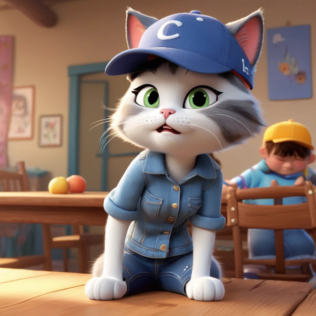 A plot from a cartoon in 3D pixar style, a fluffy cat is sitting on the table, a cheerful girl in wide jeans and a baseball cap is standing next to her, the girl looks slyly at the cat, the girl has one eye closed, winking gesture, (the girl half-winks):1.5, the girl has 1 eye  (closed):1 5