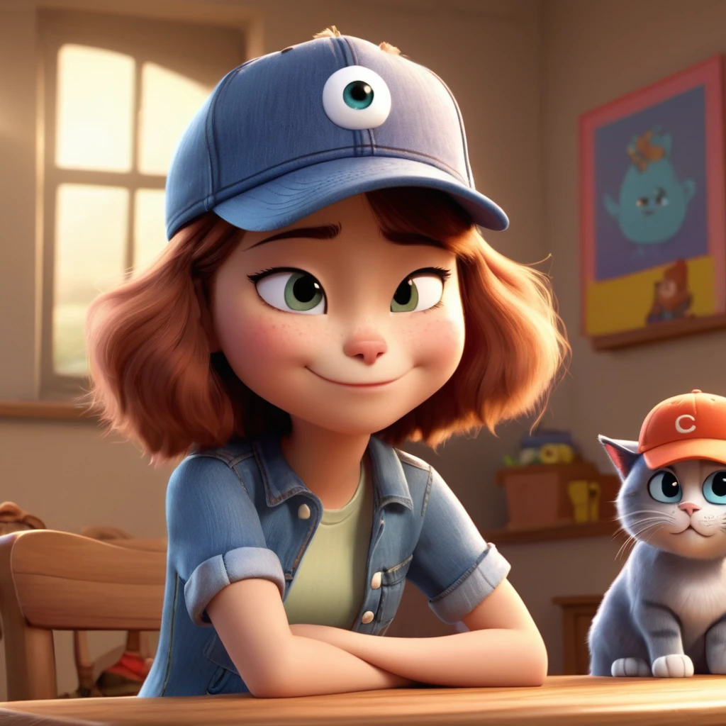 A plot from a cartoon in 3D pixar style, a fluffy cat is sitting on the table, a cheerful girl in wide jeans and a baseball cap is standing next to her, the girl looks slyly at the cat, the girl has one eye closed, winking gesture, (the girl half-winks):1.5, the girl has 1 eye (closed):1 5