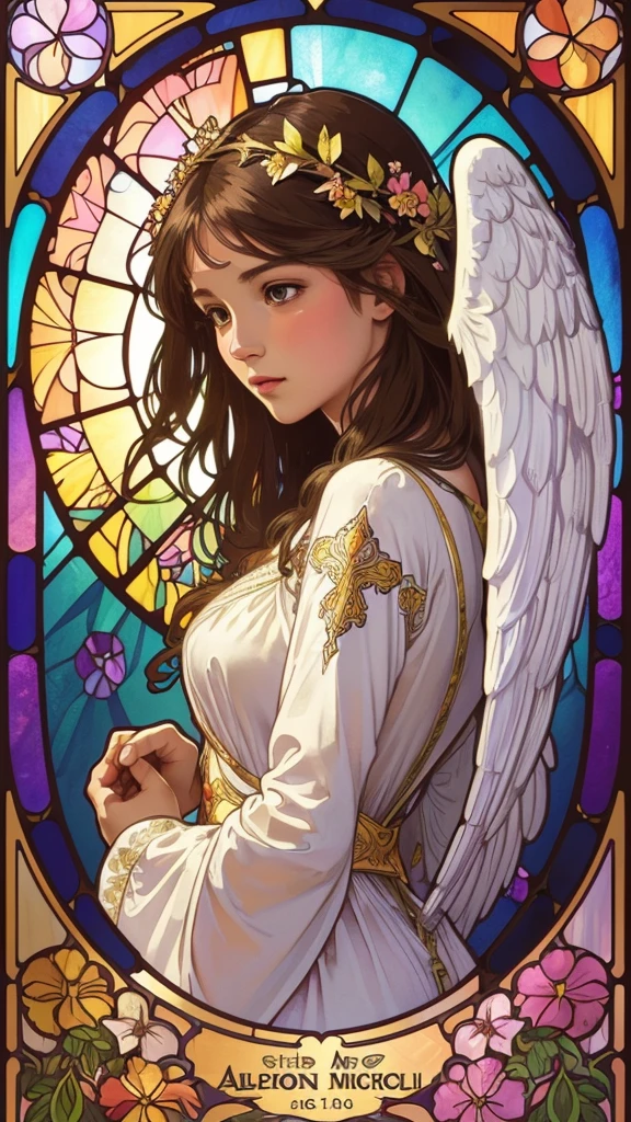 (Highest quality:1.2,Vector art:1.1,Vibrant colors,Stained glass,Beautiful vintage angel woman,Looking Ahead,A look of determination,(Wide open angel wings:1.1),Alphonse Mucha style,Complex floral background,Vibrant colors,Warm Tones,Soft lighting)