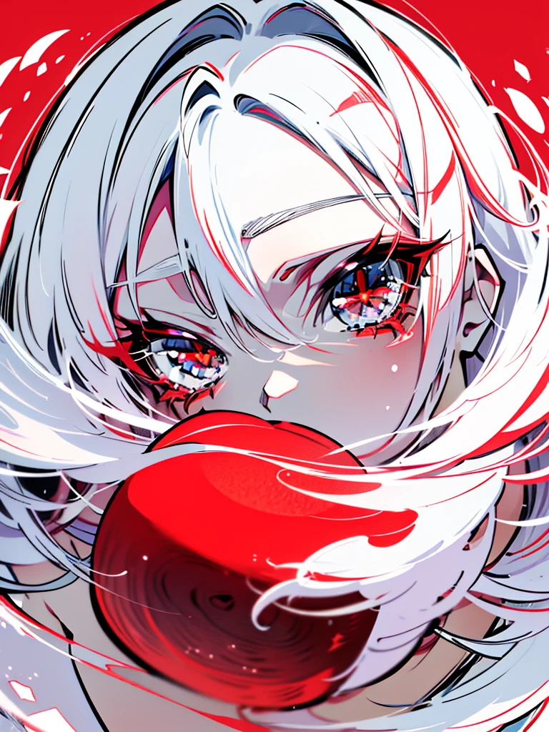Create a vibrant anime-style illustration featuring a girl with white hair, red eyes, and colorful flowers. The artwork should capture the girl's flowing white hair and striking red eyes in mesmerizing detail, and be bursting with color. Incorporate colorful flowers into the artwork to complement the girl's beauty and add depth to the piece. The finished illustration should be an artistic masterpiece that transports the viewer to a magical world filled with wonder and imagination.