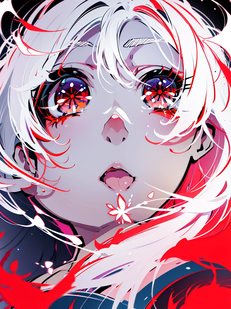 Create a vibrant anime-style illustration featuring a girl with white hair, red eyes, and colorful flowers. The artwork should capture the girl's flowing white hair and striking red eyes in mesmerizing detail, and be bursting with color. Incorporate colorful flowers into the artwork to complement the girl's beauty and add depth to the piece. The finished illustration should be an artistic masterpiece that transports the viewer to a magical world filled with wonder and imagination.