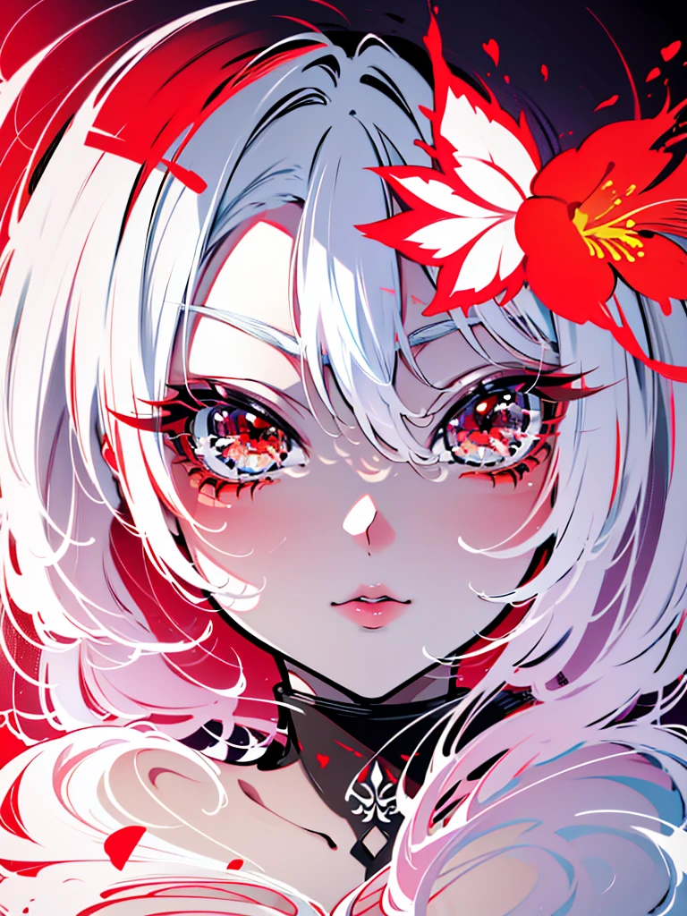 Create a vibrant anime-style illustration featuring a girl with white hair, red eyes, and colorful flowers. The artwork should capture the girl's flowing white hair and striking red eyes in mesmerizing detail, and be bursting with color. Incorporate colorful flowers into the artwork to complement the girl's beauty and add depth to the piece. The finished illustration should be an artistic masterpiece that transports the viewer to a magical world filled with wonder and imagination.