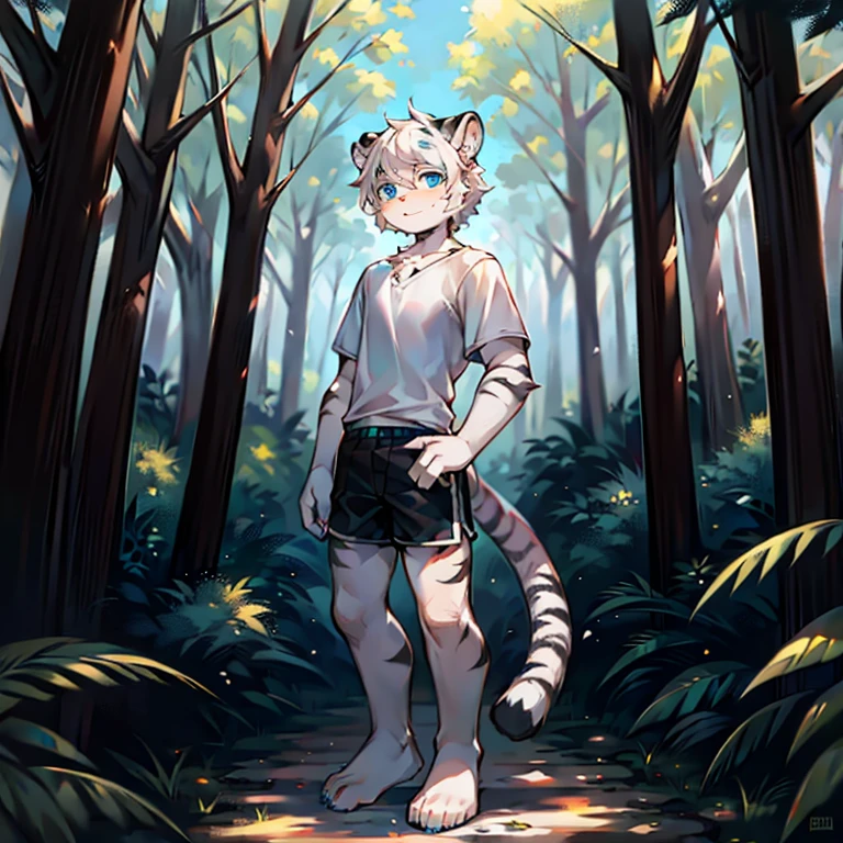 teenager, Short white hair, ear, Upper Body, forest，Standing on the ground，hairy, White hair everywhere, White hair everywhere, White Tiger, Tiger Tail, masterpiece, High quality portrait, Humanoid,  youth style, posture, panoramic, White Tiger型, Green short sleeves, Black shorts, super Handsome face, Handsome, Tiger Youth, blue eyes, White Tiger, white ear,  barefoot