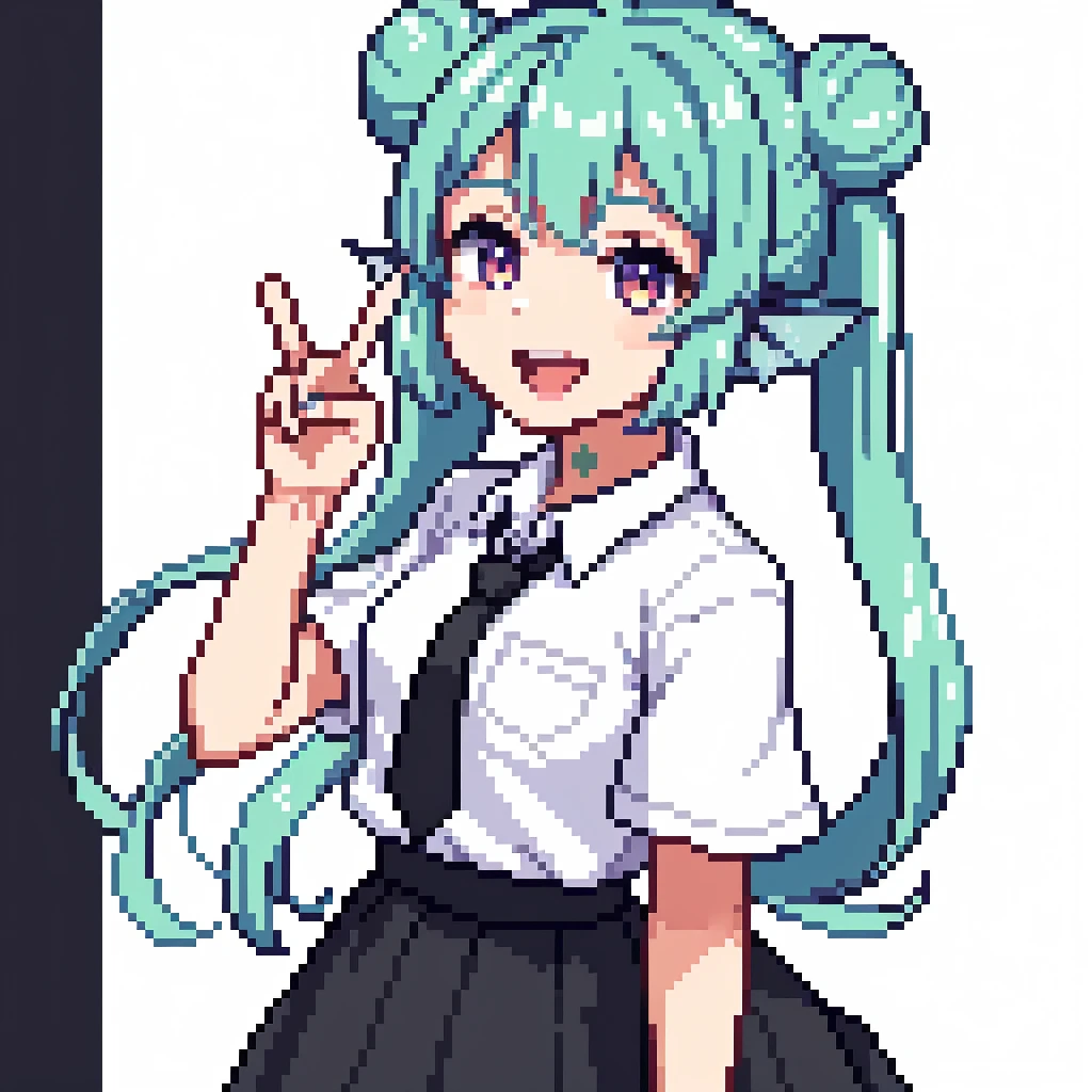 1girl,20 years old,solo,long hair,white hair,finana,twintails,double bun,((white shirt,short sleeves,black standart tie,black skirt)),smile,open mouth,peace_sign
