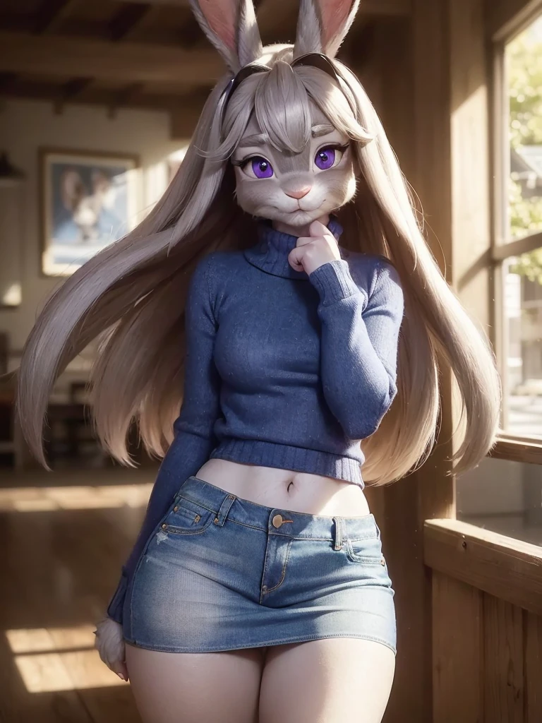 best quality,
masterpiece,
hyper Realistic,
ultra-detailed,
beautiful detailed,
4K,8K,High level,
PIXAR,
Photo real,
medium shot,
Looking at the audience upside,
(((background in shopping center))),
Realistic lighting,
((anthropomorphic rabbit)),
detailed animals,
Complex patterns,
(furry:1.35),
(Whole skin is gray:1.35),
(body is fluffy and bushy:1.35),
Realistic fur,
((human hands)),
(Face is JudyHopps:1.35),
((medium straight hair)),
dark brown heir,
((sidepart bangs)), bangs,
purple eyes,
{highlight on eyes, crisp eyes, sparkle in the eyes, round big pupils},
detailed iris,
(rised eyebrows:1.2),
(Crescent Brows:1.3),
(rabbit ears:1.1),
Smile,
Big Smile,
Innocent smile,
raised corners of mouth,
the lady is wearing knit sweater, and denim skirt,
((blue knit sweater)) BREAK ((denim skirt)),
clothes made of wool,
(solo:1.5),
(1 lady:1.5),
one character only
alone,
Perfect Anatomy,
lighting forward,
lighting front,
ambient light,
natural light,
daylight white,
intricate details,
ray tracing,
photorealistic,