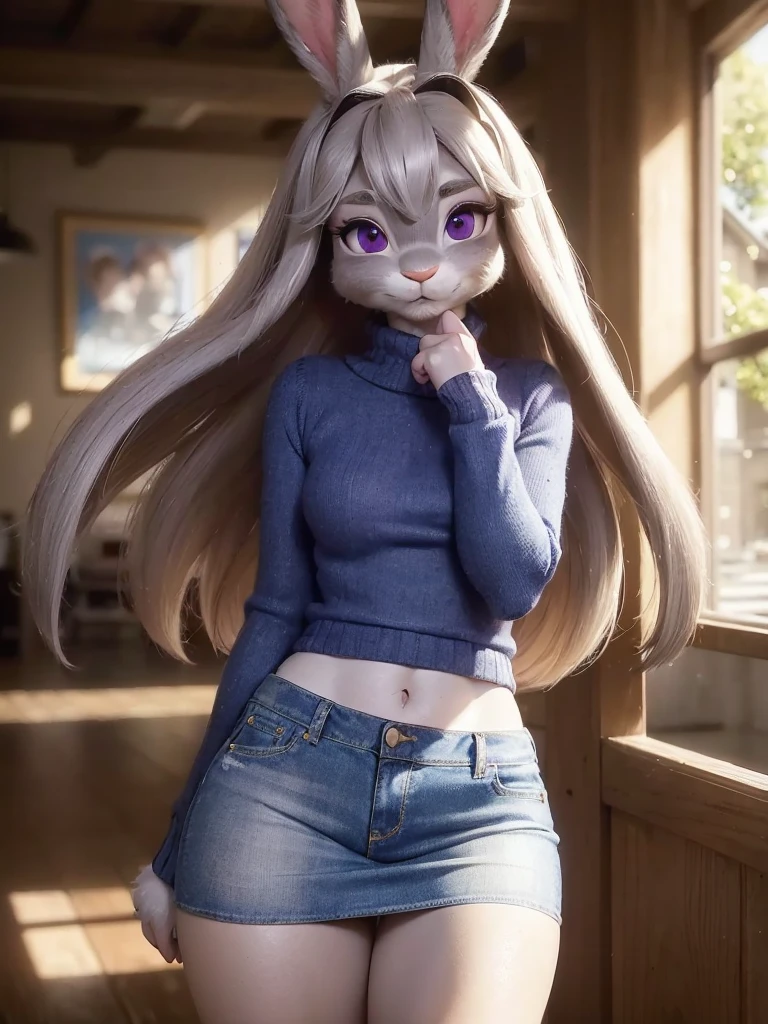 best quality,
masterpiece,
hyper Realistic,
ultra-detailed,
beautiful detailed,
4K，8K，High level,
PIXAR,
Photo real,
medium shot,
Looking at the audience upside,
(((background in shopping center))),
Realistic lighting,

((anthropomorphic rabbit)),
detailed animals,
Complex patterns,
(furry:1.35),
(Whole skin is gray:1.35),
(body is fluffy and bushy:1.35),
Realistic fur,

((human hands)),

(Face is JudyHopps:1.35),
((medium straight hair)),
dark brown heir,
((sidepart bangs)), bangs,
purple eyes,
{highlight on eyes, crisp eyes, sparkle in the eyes, round big pupils},
detailed iris, 
(rised eyebrows:1.2),
(Crescent Brows:1.3),
(rabbit ears:1.1),
Smile,
Big Smile,
Innocent smile,
raised corners of mouth,

the lady is wearing knit sweater, and denim skirt,
((blue knit sweater)) BREAK  ((denim skirt)),
clothes made of wool,

(solo:1.5),
(1 lady:1.5),
one character only
alone,
Perfect Anatomy,

lighting forward,
lighting front,
ambient light,
natural light,
daylight white,
intricate details, 
ray tracing, 
photorealistic, 