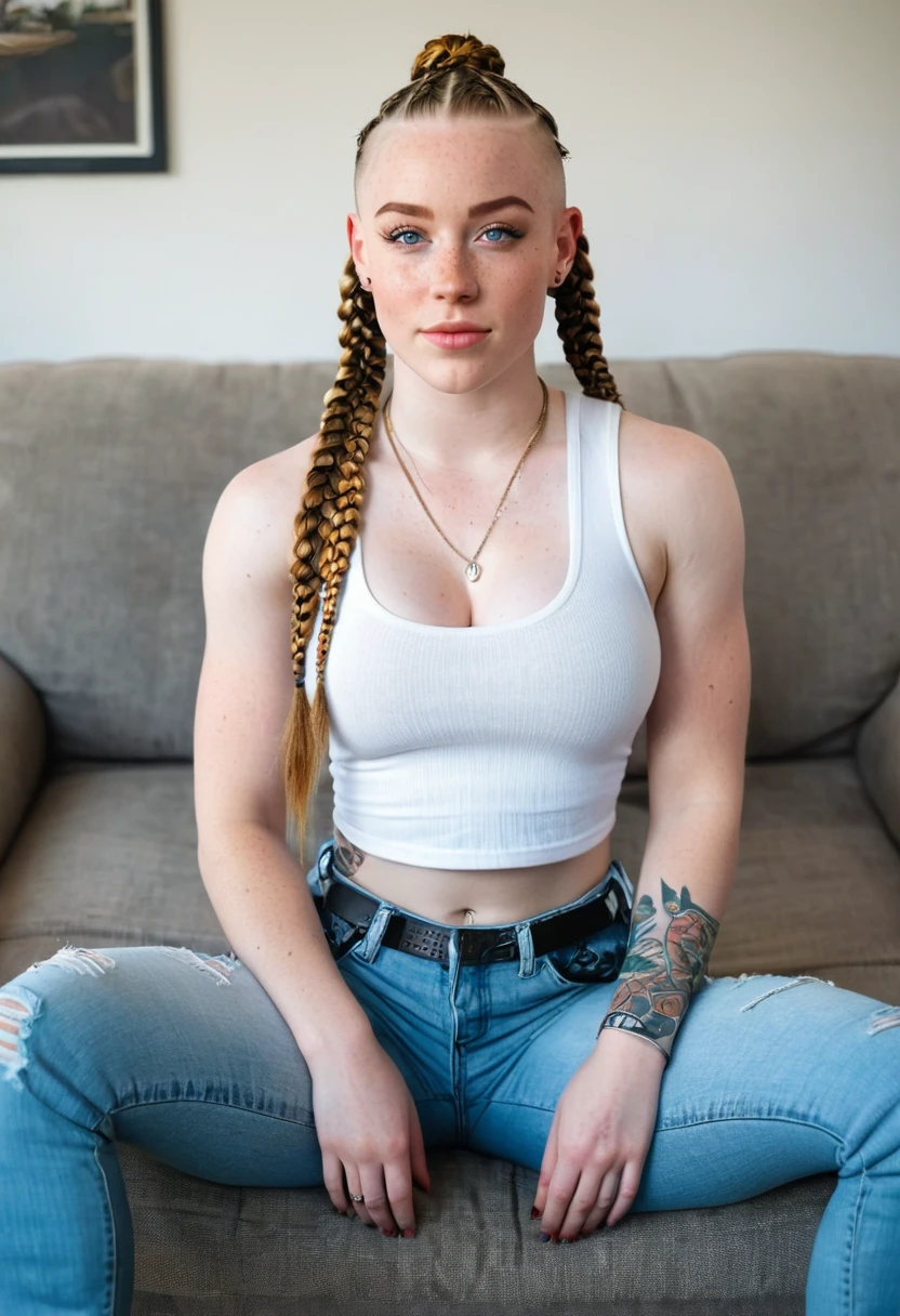Muscular college girl with large breast and a large butt, blue eyes, pale skin, freckles and a nose piercing with cornrow braids and both sides of her head shaved sitting on a couch with her legs spread wearing baggy jeans and a white tank top