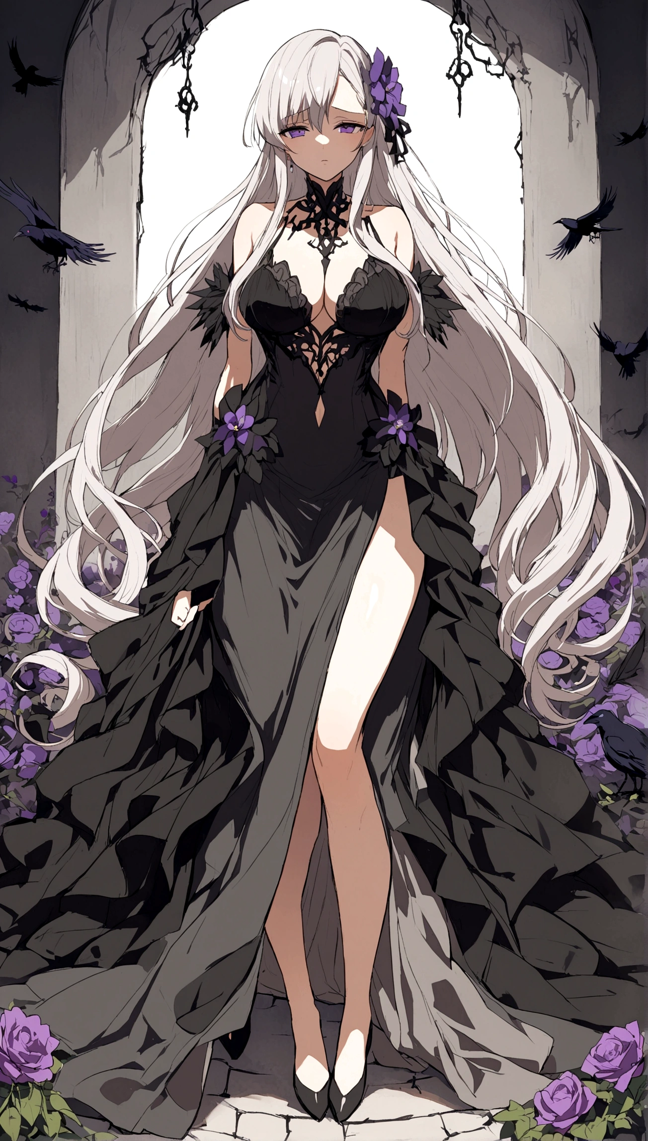 A beautiful anime-style girl with long hair and a purple flower、Face of Sadness、Sad beautiful girl、A beautiful girl with a well-balanced and glamorous body、A beautiful immoral girl in a provocative black and grey dress、Full Body Shot、Crow、Undead、chaos、mystery、graveyard of darkness。