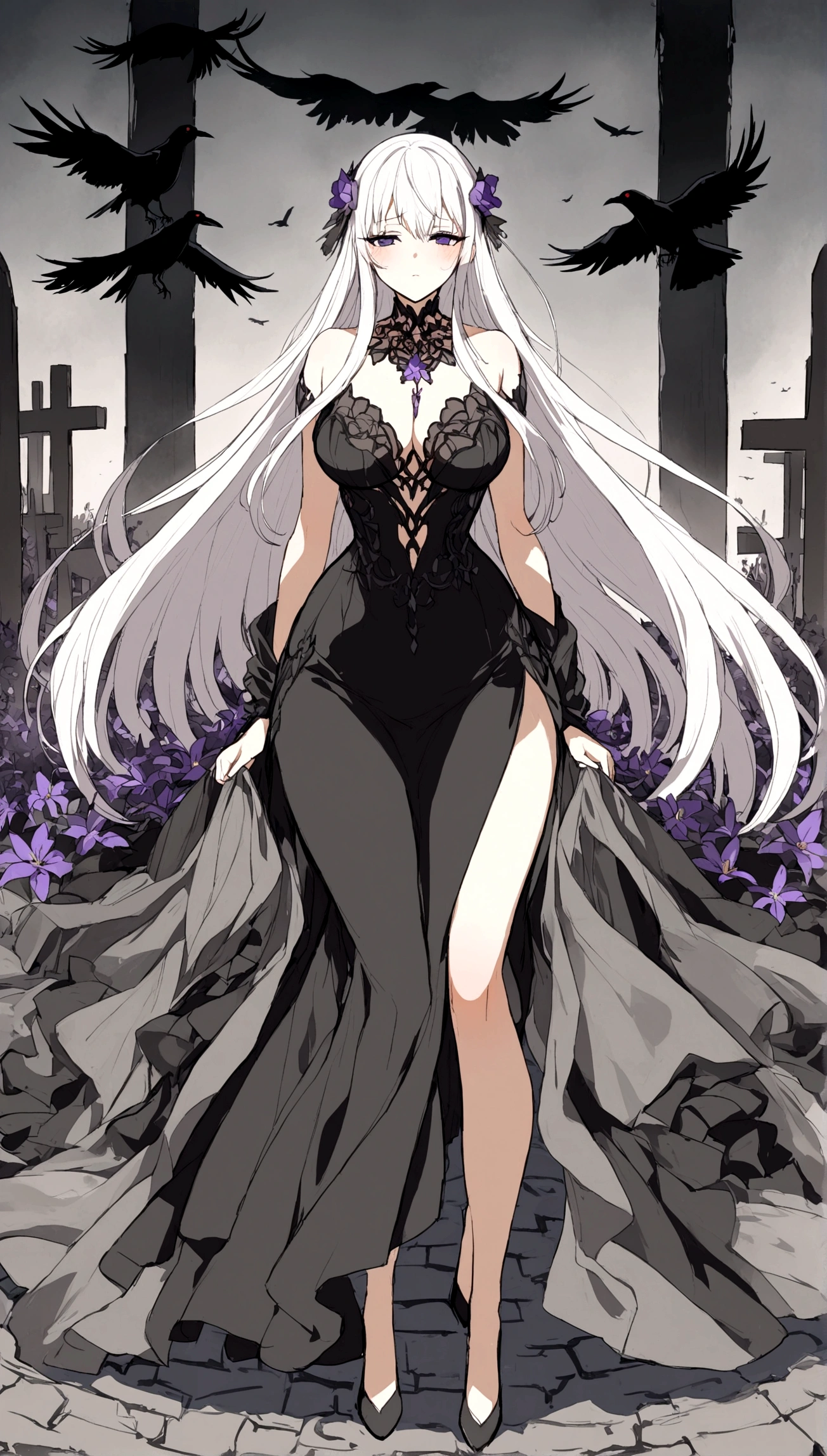 A beautiful anime-style girl with long hair and a purple flower、Face of Sadness、Sad beautiful girl、A beautiful girl with a well-balanced and glamorous body、A beautiful immoral girl in a provocative black and grey dress、Full Body Shot、Crow、Undead、chaos、mystery、graveyard of darkness。