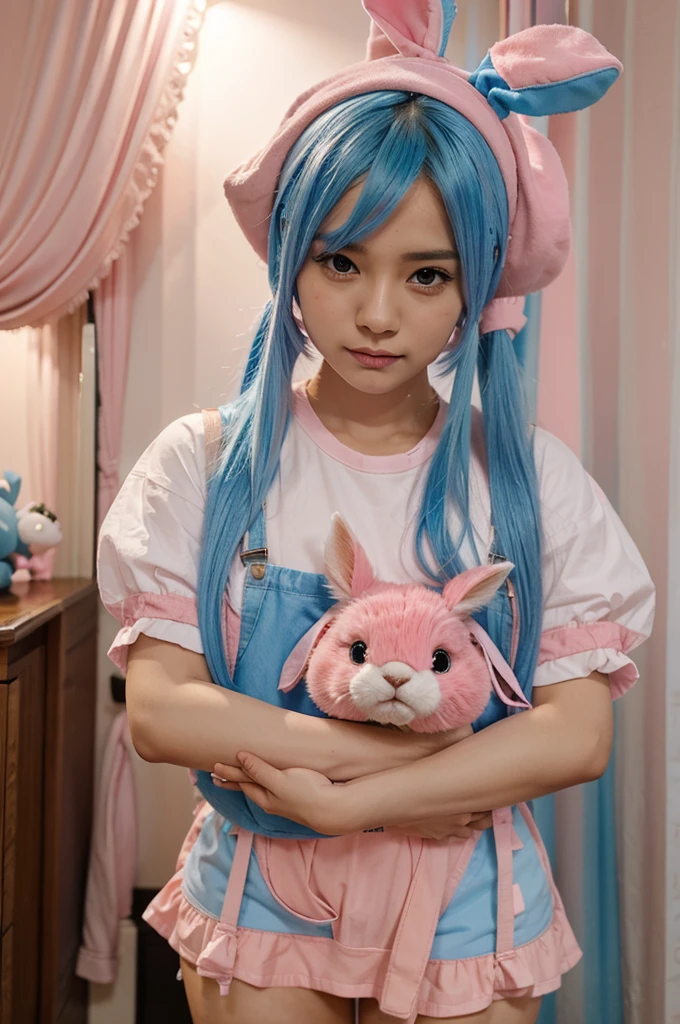 Blue pink hair,memakai miniset warna pink,holding a very large stuffed rabbit,memakai topi kelinci