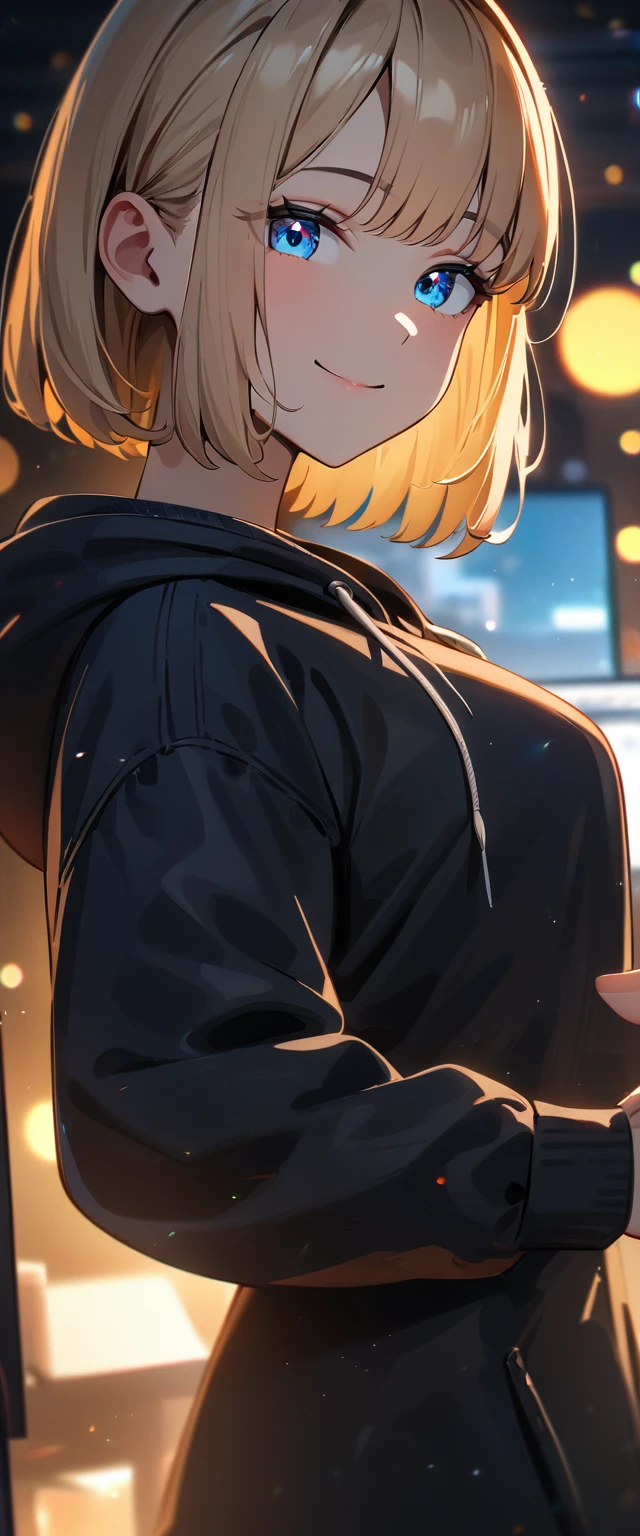 (((One girl))), blond hair, bob cut, (upper body), face in focus, (looking at viewer), breasts, ager, head tilt:1.3, (((blue eye))), half-closed eyes, (from side), selfie, reaching, ((happy smile)), black hoodie:1.3, black shorts:1.3, anime style, (best quality, 4k, 8k, highres, masterpiece:1.2, ultra-detailed, ultra-detailed eyes, HDR, UHD, studio lighting, ultra-fine painting, sharp focus, physically-based rendering, extreme detail description, professional, vivid colors, bokeh)
