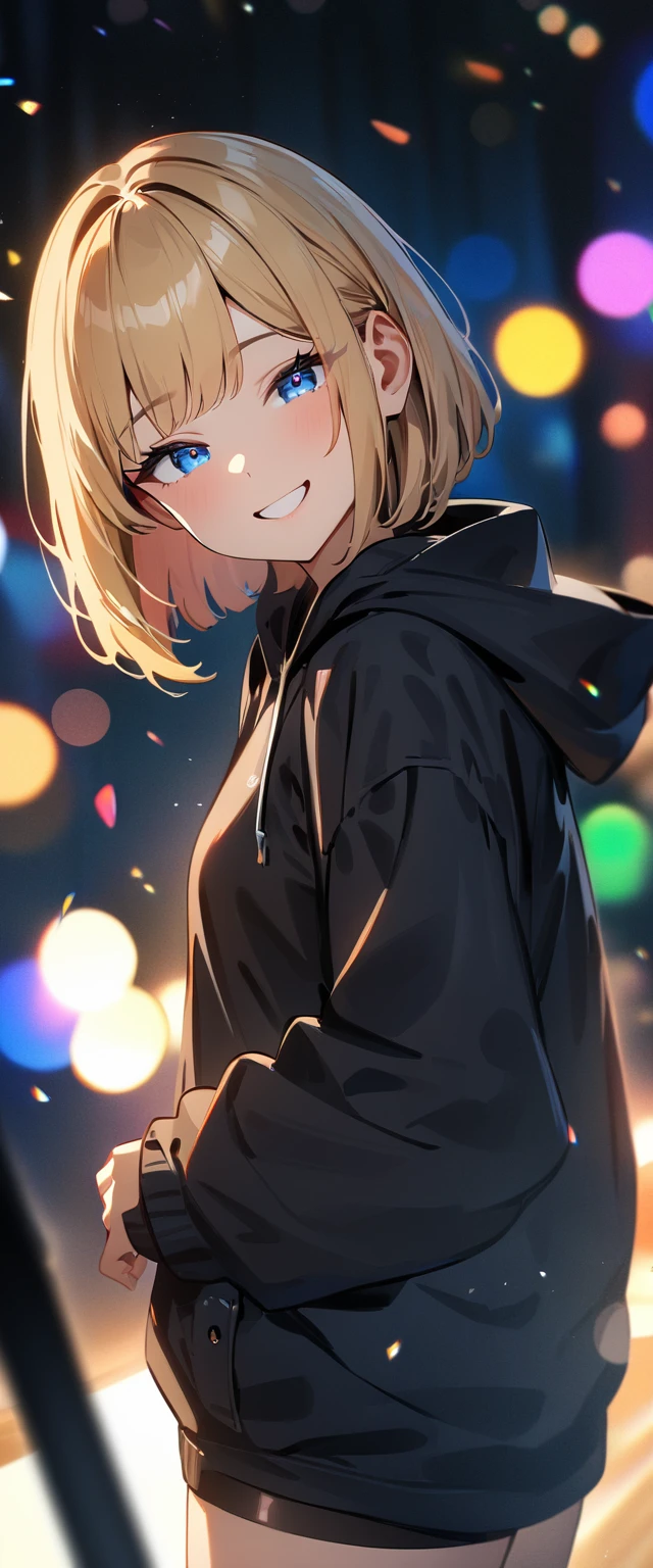 (((One girl))), blond hair, bob cut, (upper body), face in focus, (looking at viewer), breasts, ager, head tilt:1.3, (((blue eye))), half-closed eyes, (from side), selfie, reaching, ((happy smile)), black hoodie:1.3, black shorts:1.3, anime style, (best quality, 4k, 8k, highres, masterpiece:1.2, ultra-detailed, ultra-detailed eyes, HDR, UHD, studio lighting, ultra-fine painting, sharp focus, physically-based rendering, extreme detail description, professional, vivid colors, bokeh)