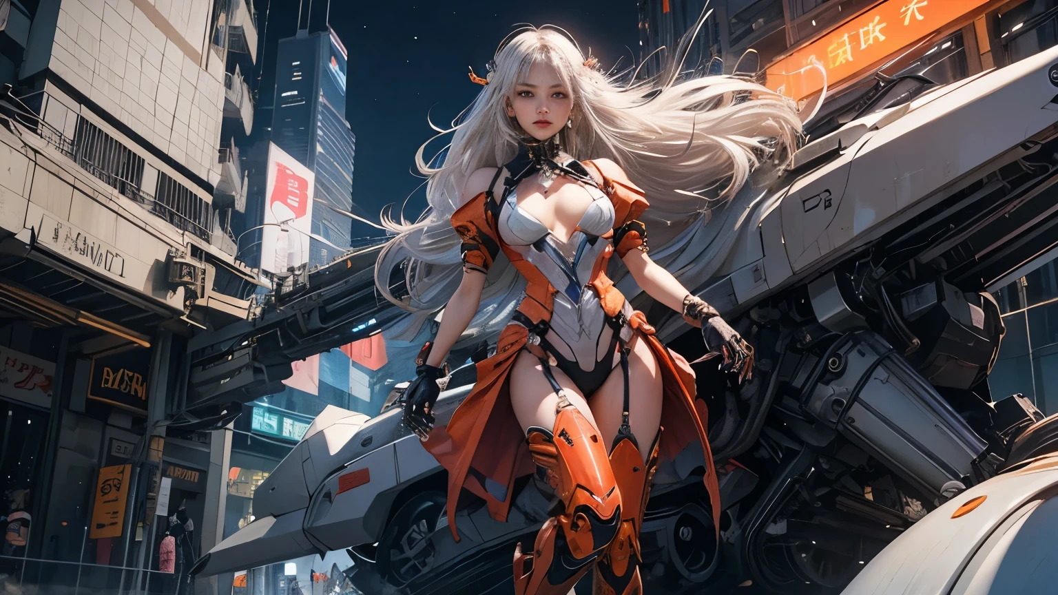 white  hair、Silver hair with pink gradients、long fluttering hair、strong breeze、Orange Eyes、radiant eyes、Evangelion Girl、small tit、Breasts are small and B size、The face and chest are alive、Cleavage is visible。photoRealstic、portfolio、Evangelion-style metal mecha suit、an oppai cyberpunk、Gothloli detailetalic、detailed mechanical components、Bundle of thin tubeetal cylinder、Detailed neon、Fine LED、Top quality microcomponents、Delicate orange and black suit wrapped in machine、A large mechanical weapon protecting her in the background、Hair that flutters in the wind、full body