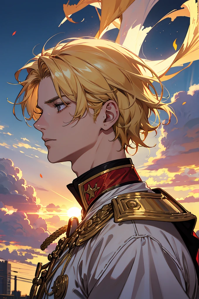 absurdres, highres, ultra detailed), 1 male, adult, handsome, tall muscular guy, broad shoulders, finely detailed eyes and detailed face, fantasy, cinematic lighting, colorful, portrait, flying petal, Flowery meadow, cloudy sky, building, sun, light, close up,side profile, blonde hair, golden hair, golden flames, white and red uniform, short hair, standing in front of sun