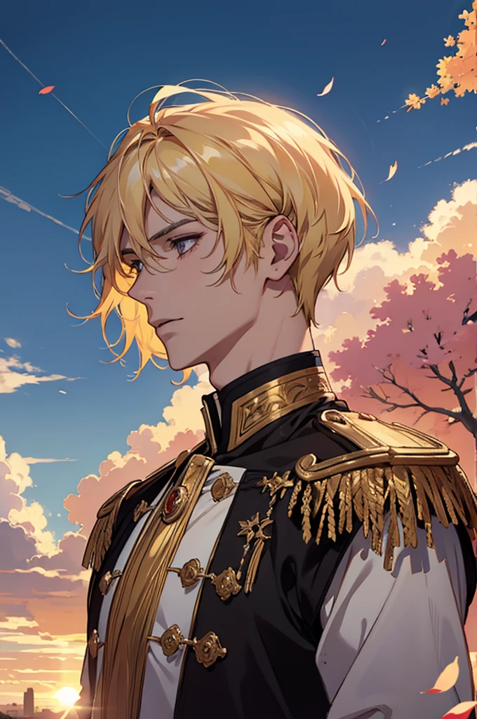 absurdres, highres, ultra detailed), 1 male, adult, handsome, tall muscular guy, broad shoulders, finely detailed eyes and detailed face, fantasy, cinematic lighting, colorful, portrait, flying petal, Flowery meadow, cloudy sky, building, sun, light, close up,side profile, blonde hair, golden hair, golden flames, white and red uniform, short hair, standing in front of sun