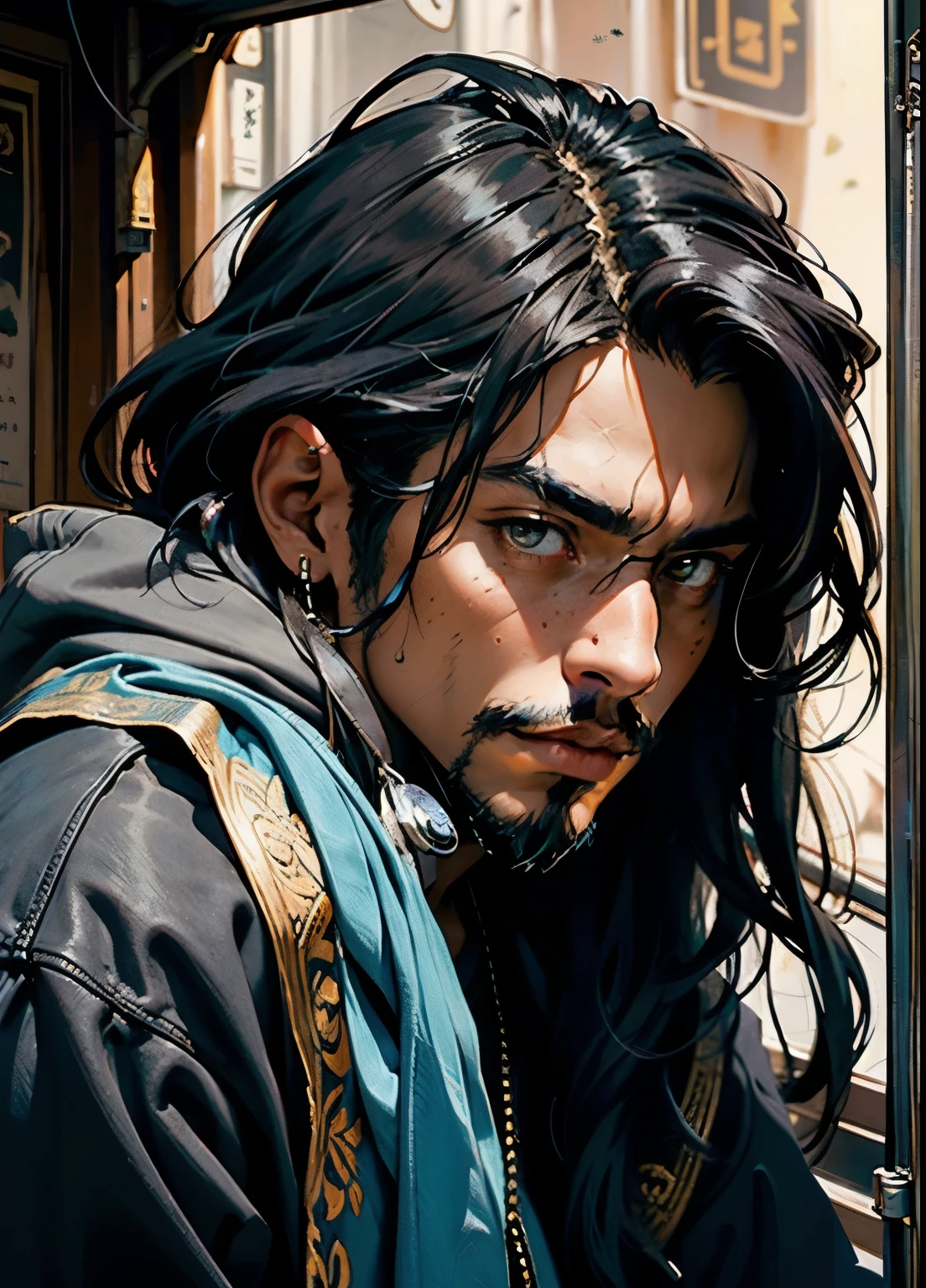 A man is looking straight ahead at the Camera the Camera zooms in on the man's face the man has a goatee long hair that goes down to his shoulders his skin tone he is black cinematic experience, 8k, fantasy art, RPG style,