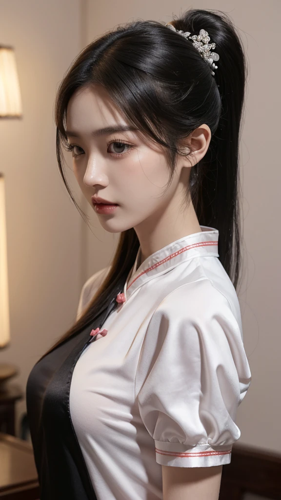 korean model , slim body , medium breasts, 167cm ，Movie Angle，long black ponytails hairstyle, （Cute girl，??????? correct, light pink silk chinese qipao with short sleeves，（ art，geomerty），（plethora of colorest quality，high detail，tmasterpiece，Cinematic lighting effects，4K，Chiaroscuro , standing with a hankerchief, Chinese Mansion)