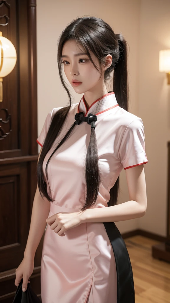 korean model , slim body , medium breasts, 167cm ,Movie Angle,long black ponytails hairstyle, (Cute girl,anatomy correct, light pink silk chinese qipao with short sleeves,( art,geomerty),(plethora of colorest quality,high detail,tmasterpiece,Cinematic lighting effects,4K,Chiaroscuro , standing with a hankerchief, Chinese Mansion)