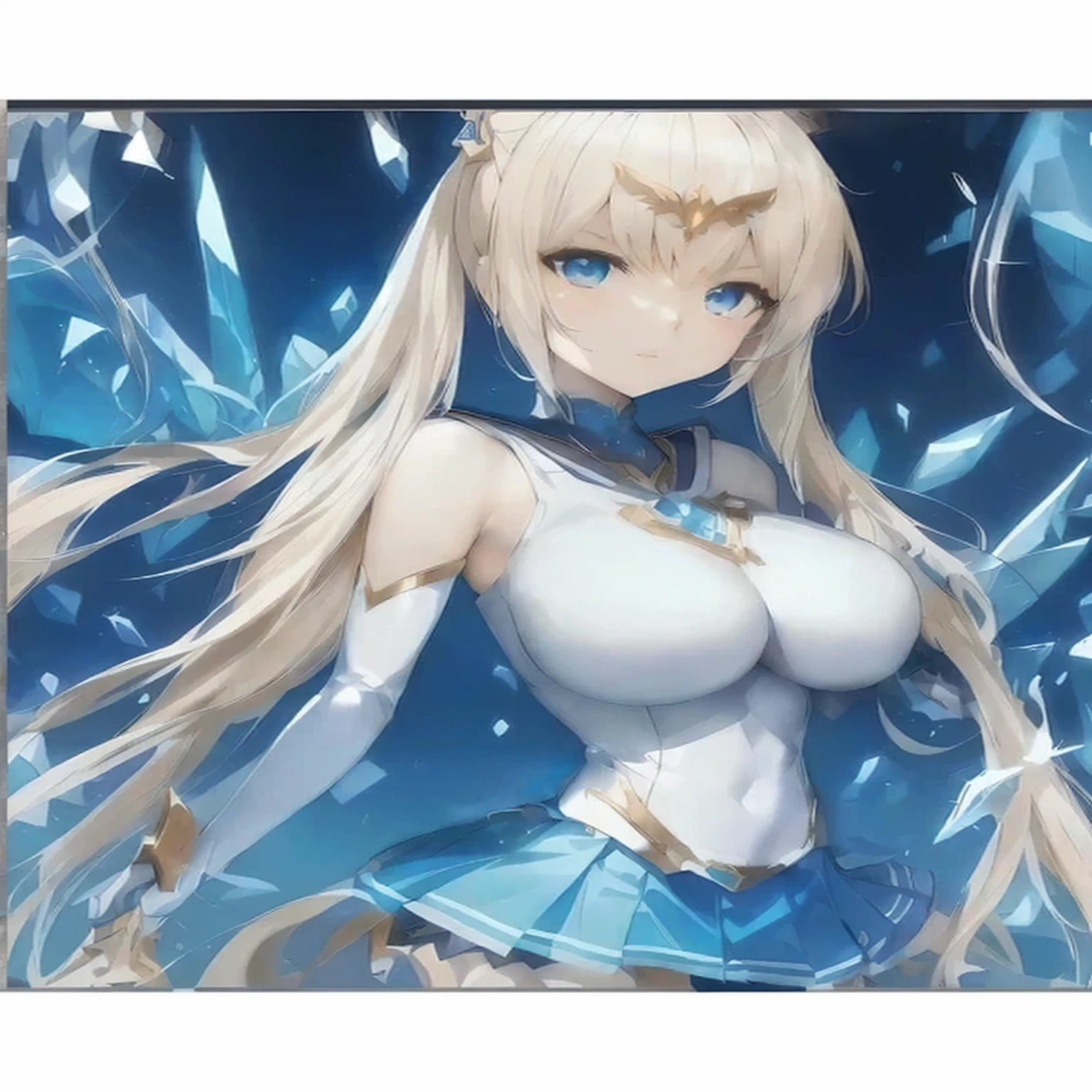 anime girl with long blonde hair and blue eyes posing in front of a blue background, anime goddess, ayaka genshin impact, artoria pendragon, epic light novel art cover, high quality anime art, azur lane style, epic light novel cover art, clean detailed anime art, art of kirokaze pixel, clean anime art, seductive anime girl