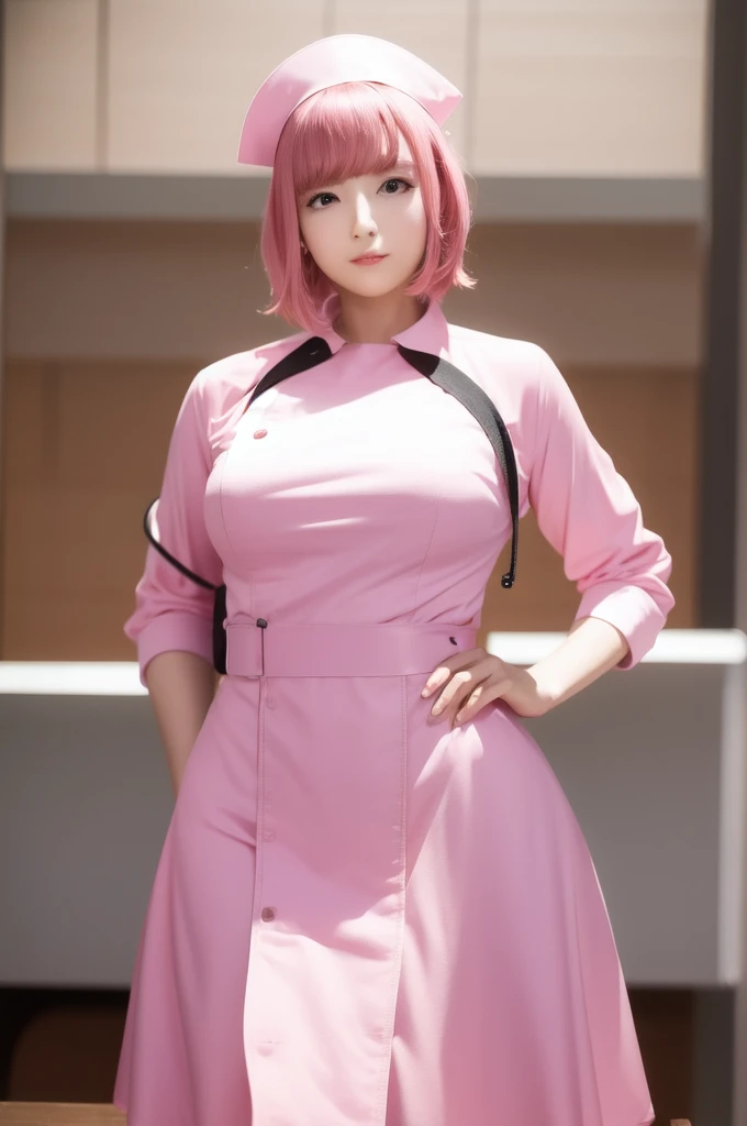 masterpiece, Highest quality, Realistic, One girl, nurse, Thick thighs, F cup breasts, View dresses, (Purelos Face_v1:0.6), Pink Hair