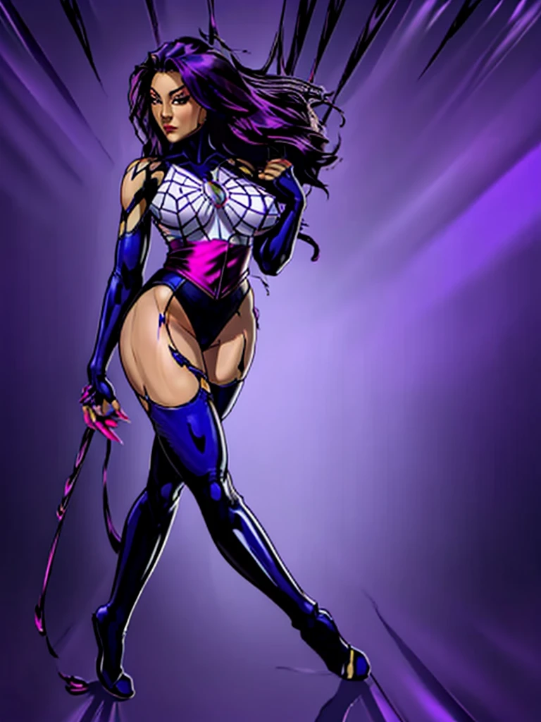 symbiote, CindyMoon , purple hair, long hair, bridal gauntlets, purple thigh boots, purple leotard, sash, belt,