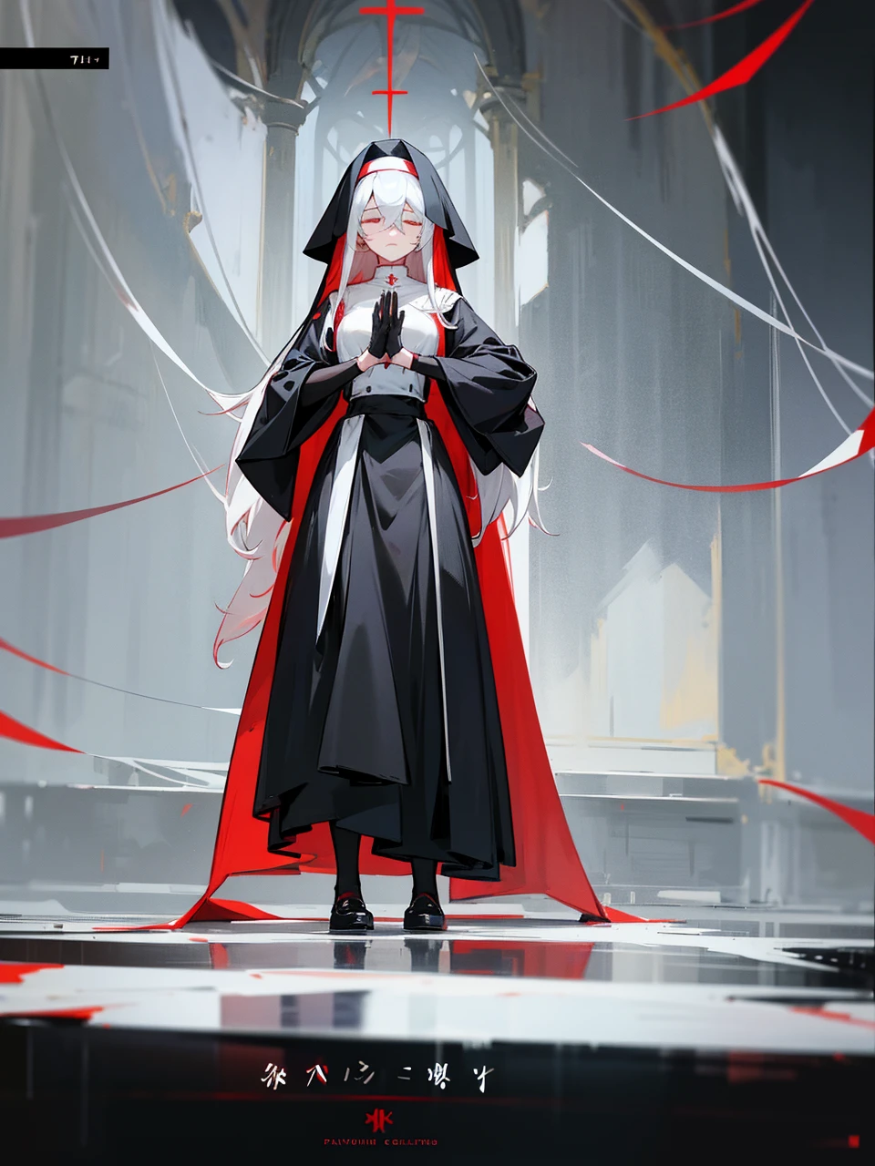 Make an anime poster, has 4 women in it, on the left side a classy dressed beauty with only the colors red and white, has an angelic presence but a demonic personality, she wears a hat on her head and a long mature gown. On the middle, a millitary general with black and white hair, and a blindfold covering her eyes. Behind her in the back, a woman faded in the background, only her eyes red Phoenix can be seen. Finally at the very right side a nun with a blindfold and a church nun fantasy black dress, holding her hands together symbolizing a prayer gesture.