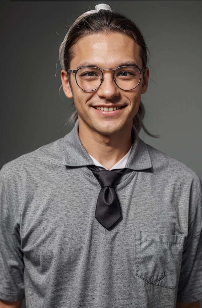 White ponytail, gray eyes, dark glasses, gray school shirt, tie, male, has a smiley face.