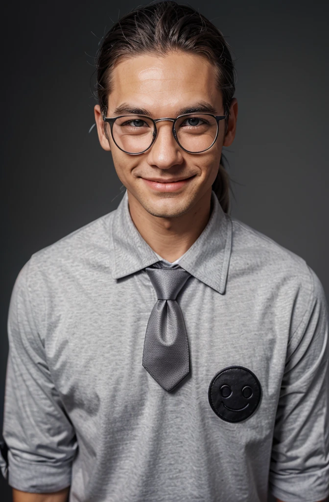 White ponytail, gray eyes, dark glasses, gray school shirt, tie, male, has a smiley face.