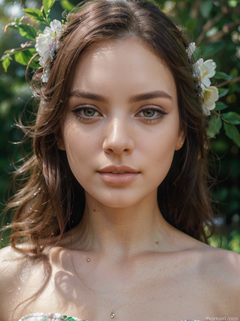 a beautiful face of a woman, 1girl, detailed eyes, detailed lips, longeyelashes, elegant dress, graceful pose, peaceful expression, lush greenery, colorful flowers, warm sunlight, (best quality,4k,8k,highres,masterpiece:1.2),ultra-detailed,(realistic,photorealistic,photo-realistic:1.37),portrait,vibrant colors,dramatic lighting