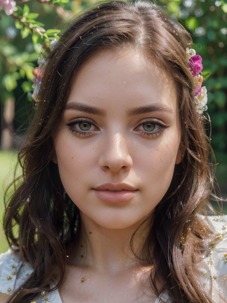 a beautiful face of a woman, 1girl, detailed eyes, detailed lips, longeyelashes, elegant dress, graceful pose, peaceful expression, lush greenery, colorful flowers, warm sunlight, (best quality,4k,8k,highres,masterpiece:1.2),ultra-detailed,(realistic,photorealistic,photo-realistic:1.37),portrait,vibrant colors,dramatic lighting